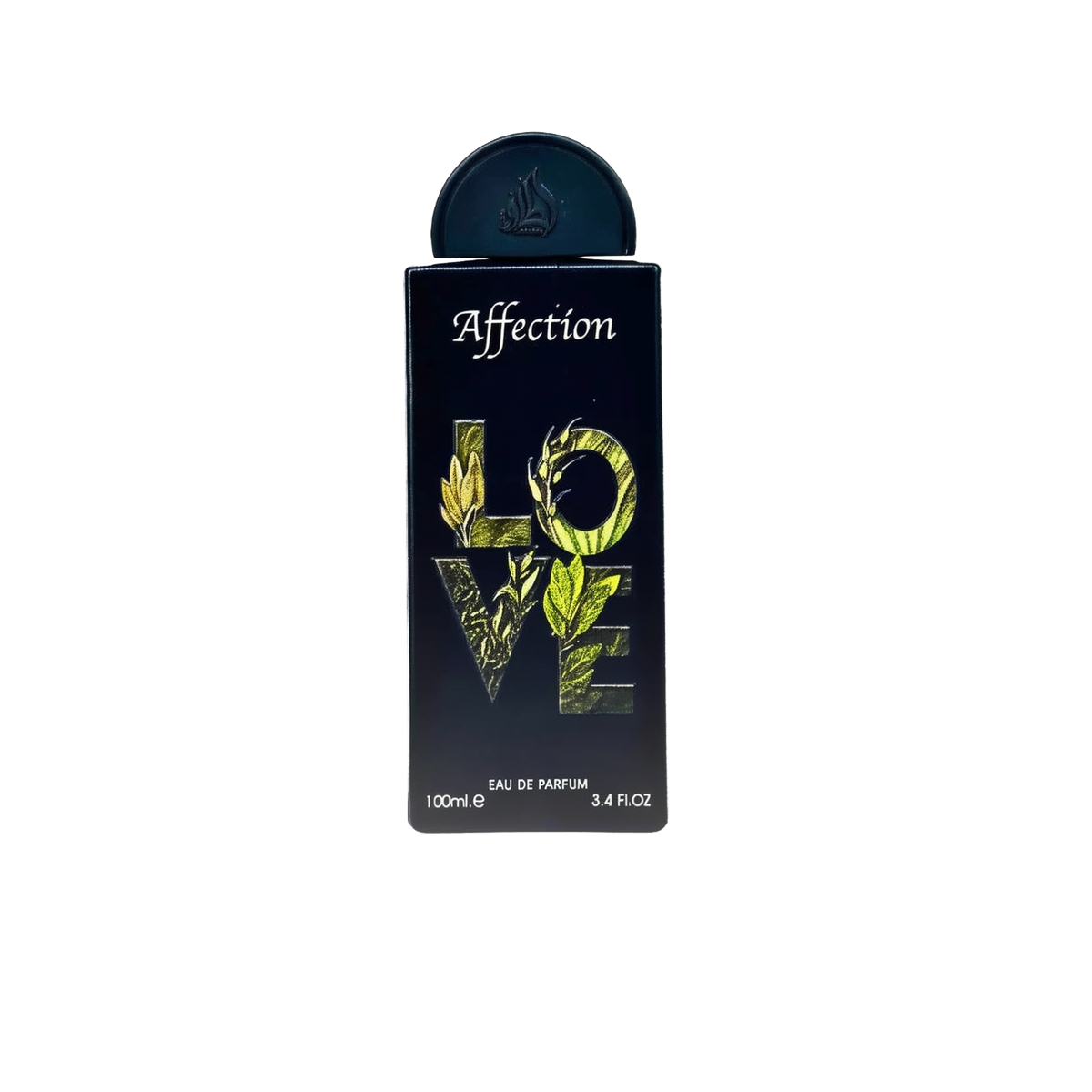The image shows a perfume bottle named "Affection" by Lattafa. The bottle has a sleek, black design with the word "LOVE" vertically displayed in bold, leafy green letters that create a striking visual against the dark background. "Affection" is written at