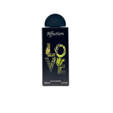 The image shows a perfume bottle named "Affection" by Lattafa. The bottle has a sleek, black design with the word "LOVE" vertically displayed in bold, leafy green letters that create a striking visual against the dark background. "Affection" is written at