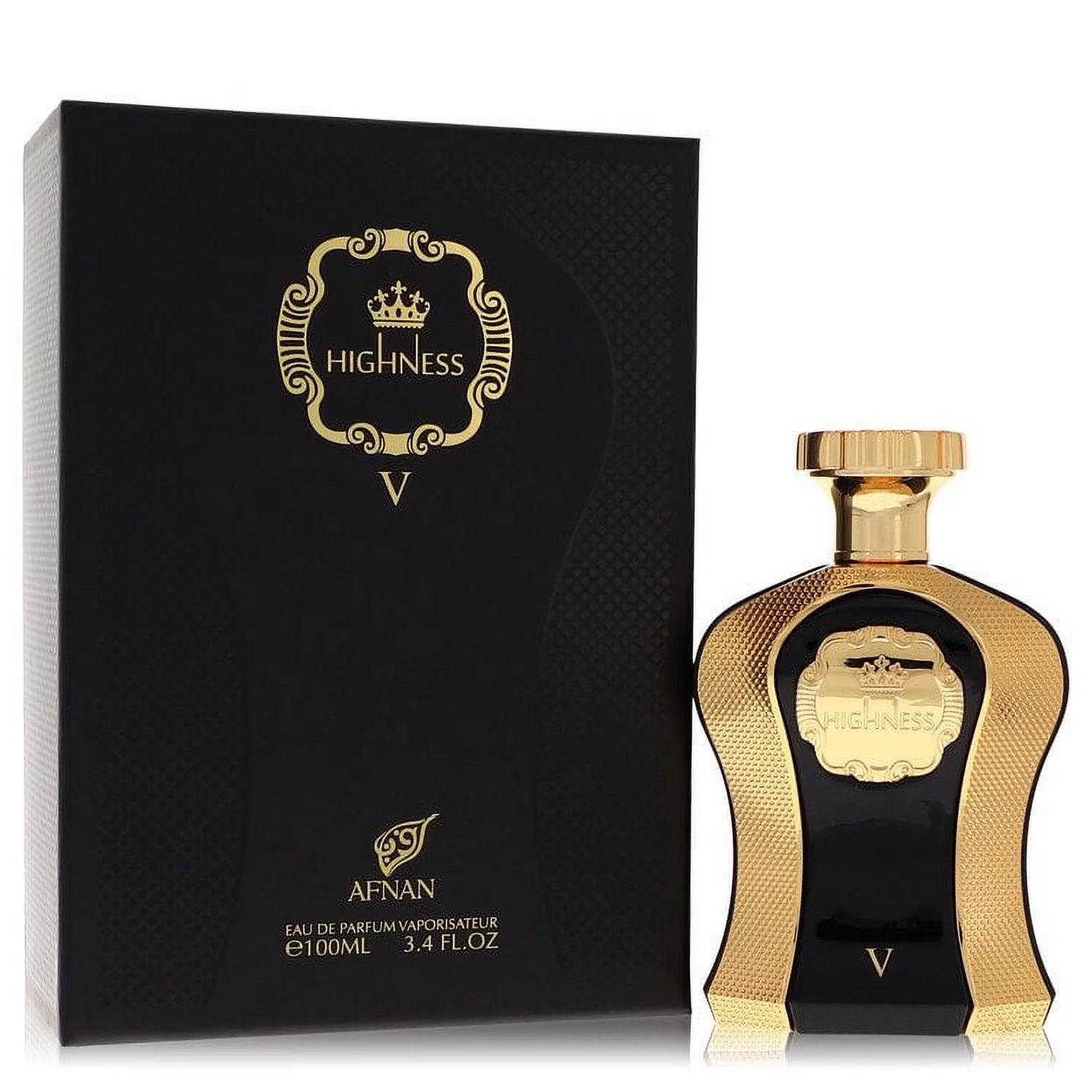 The image displays a luxurious perfume set, consisting of a black bottle with gold accents and a black packaging box. The box features the brand logo "AFNAN" and the product name "HIGHNESS" with a crown symbol above it, encircled by an ornate design with the Roman numeral "V" below.  The text "Eau de Parfum Vaporisateur" and the quantity "100ML 3.4 FL.OZ" are indicated on both the bottle and the box. The design conveys elegance and regality.