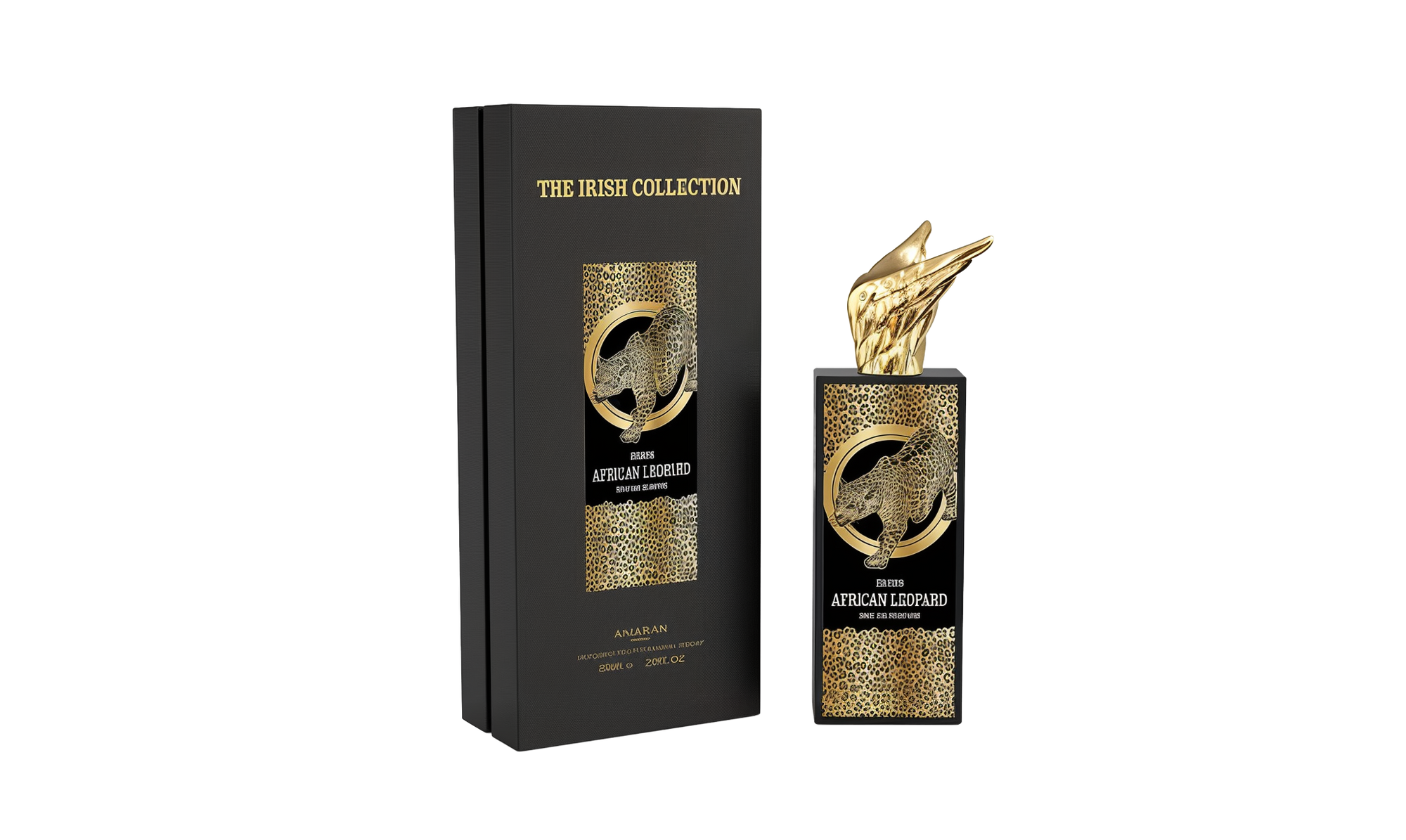 Amaran African Leopard perfume bottle with gold leopard design and sculpted cap next to a black and gold box.