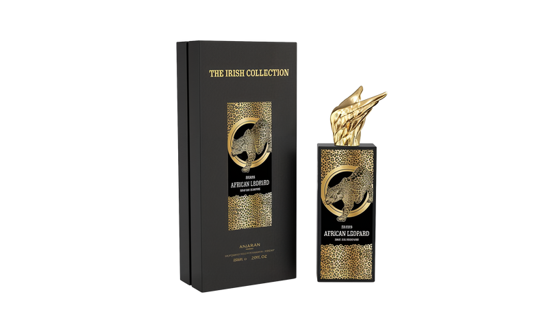 Amaran African Leopard perfume bottle with gold leopard design and sculpted cap next to a black and gold box.