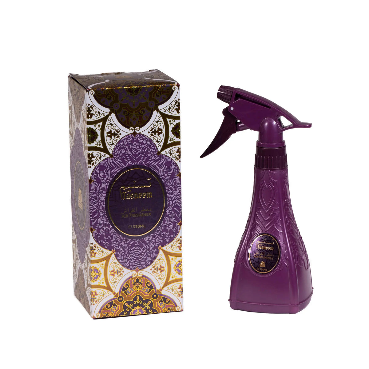 The image presents a set of an air freshener spray bottle and its corresponding packaging box. The spray bottle has a rich purple color with a darker purple trigger and is adorned with an embossed decorative design. The box carries a cohesive design with a blend of purple, gold, and white arabesque patterns. The design of both the bottle and the box is reminiscent of Middle Eastern art and calligraphy.