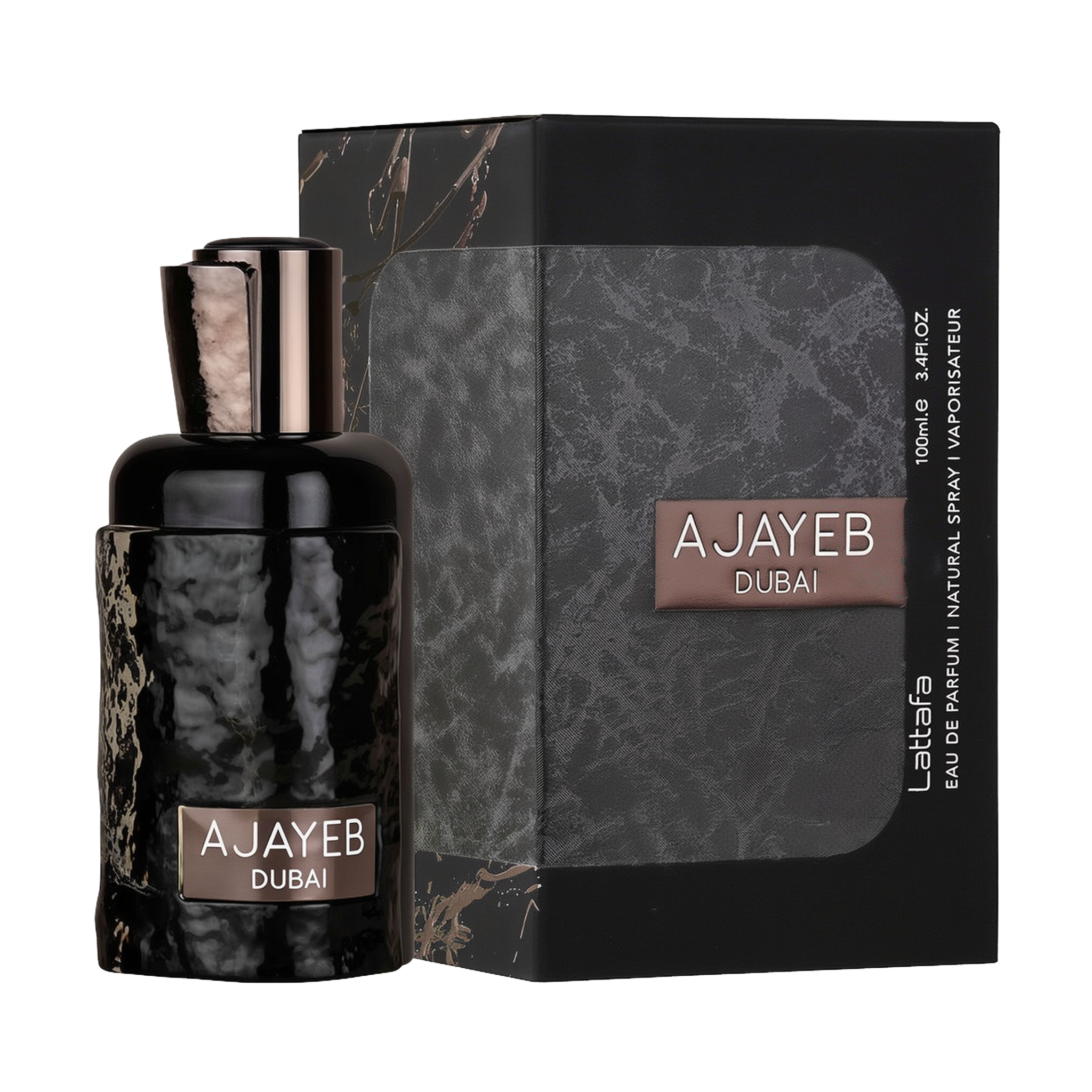 A sleek black and gray box of "Ajayeb Dubai" Eau de Parfum by Lattafa, featuring a textured design and the product name in white and bronze text on the front. The box is placed next to a matching perfume bottle with a glossy, hammered black finish.