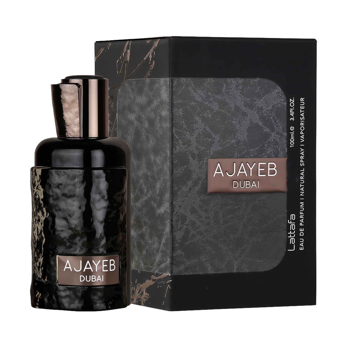 A sleek black and gray box of "Ajayeb Dubai" Eau de Parfum by Lattafa, featuring a textured design and the product name in white and bronze text on the front. The box is placed next to a matching perfume bottle with a glossy, hammered black finish.