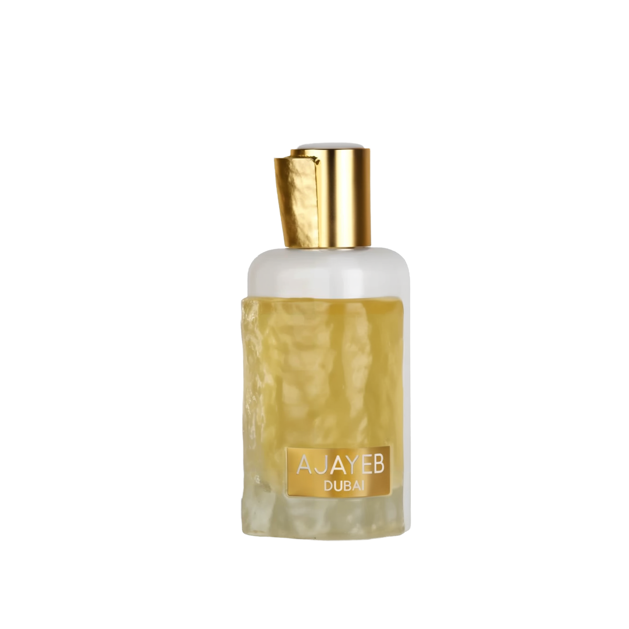 A perfume bottle for 'Ajayeb Dubai' by Lattafa, featuring a frosted white body with a textured gold accent that wraps around the lower half. The bottle has a polished gold cap, adding to the luxurious aesthetic. 