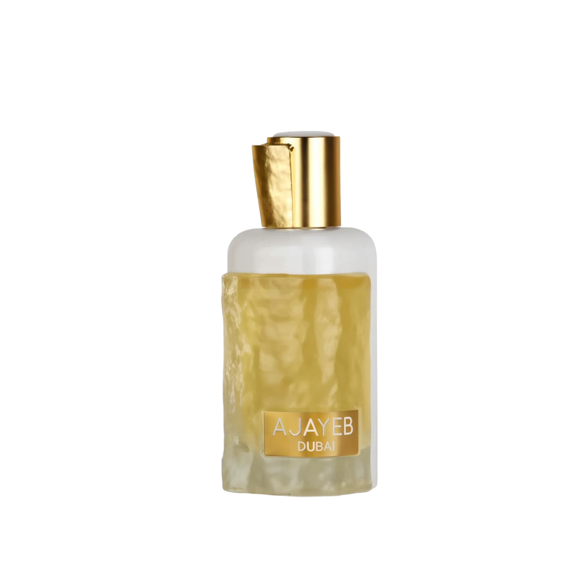A perfume bottle for 'Ajayeb Dubai' by Lattafa, featuring a frosted white body with a textured gold accent that wraps around the lower half. The bottle has a polished gold cap, adding to the luxurious aesthetic. 