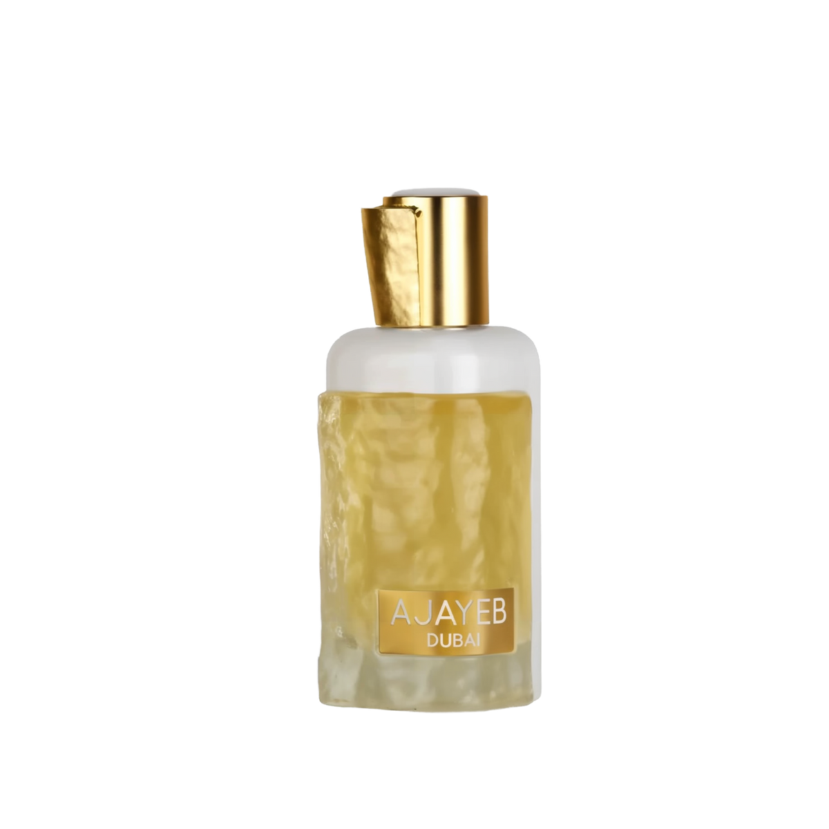 A perfume bottle for 'Ajayeb Dubai' by Lattafa, featuring a frosted white body with a textured gold accent that wraps around the lower half. The bottle has a polished gold cap, adding to the luxurious aesthetic. 