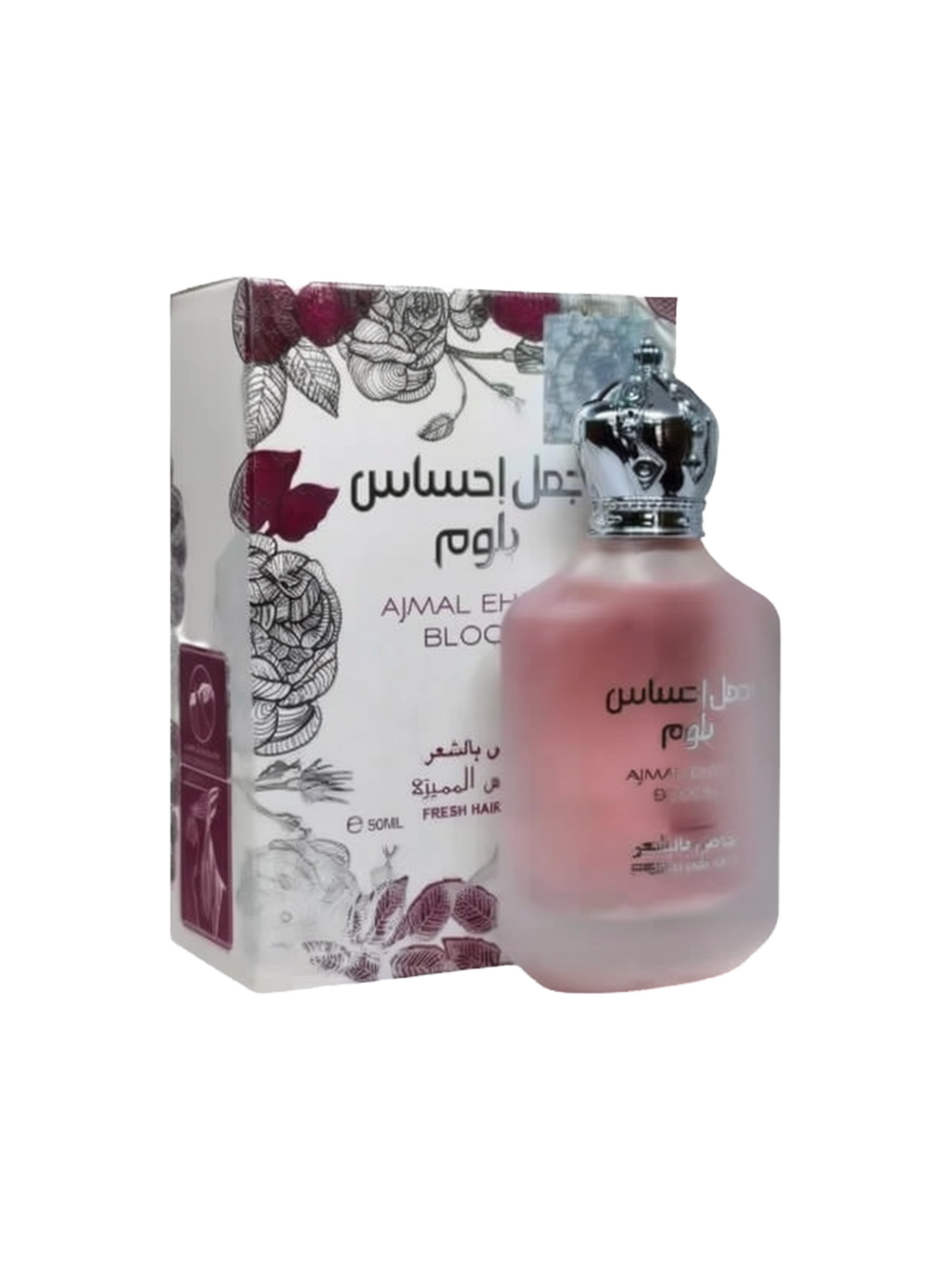 The image depicts a frosted glass perfume bottle with a pink gradient and a metallic cap, next to its packaging box. The box has a white background with a detailed floral design in shades of red and grey, and text that includes "AJMAL EHSAS BLOOM" along with Arabic script. The bottle features the same name in both English and Arabic, and additional text likely indicating the fragrance type and volume, "50ML FRESH HAIR MIST." 