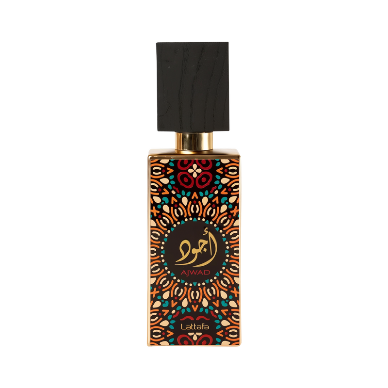 Image of a perfume bottle with a distinctive design. The bottle features a geometric and floral pattern in orange, black, and teal, with a circular black label in the center that has gold Arabic calligraphy and the word 'AJWAD' beneath it. The brand 'Lattafa' is written at the bottom. The cap is black with a textured appearance, resembling wood, and a gold neck. The background is pure white.