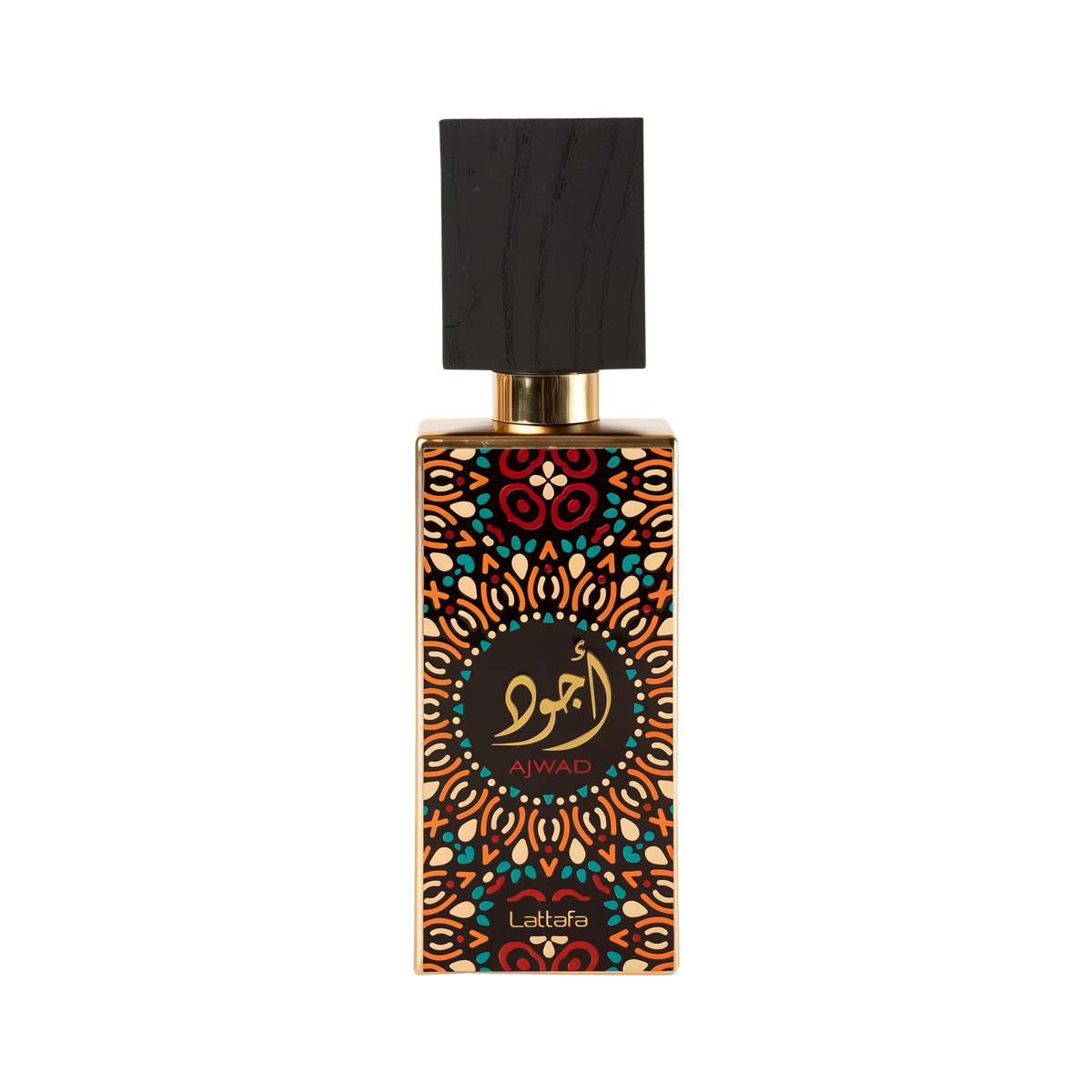 Image of a perfume bottle with a distinctive design. The bottle features a geometric and floral pattern in orange, black, and teal, with a circular black label in the center that has gold Arabic calligraphy and the word 'AJWAD' beneath it. The brand 'Lattafa' is written at the bottom. The cap is black with a textured appearance, resembling wood, and a gold neck. The background is pure white.