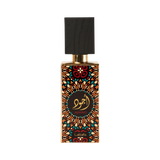 Image of a perfume bottle with a distinctive design. The bottle features a geometric and floral pattern in orange, black, and teal, with a circular black label in the center that has gold Arabic calligraphy and the word 'AJWAD' beneath it. The brand 'Lattafa' is written at the bottom. The cap is black with a textured appearance, resembling wood, and a gold neck. The background is pure white.