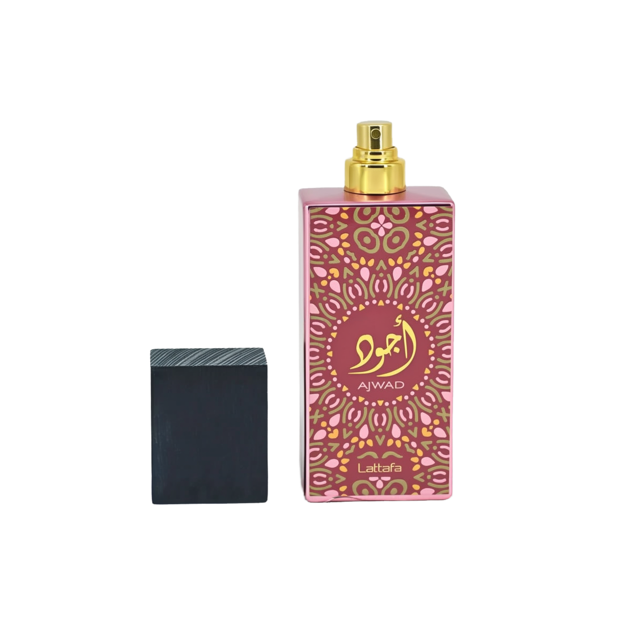 Image of a tall pink perfume bottle with a gold spray nozzle, placed upright next to its black textured cap which is lying on its side. The bottle has a decorative pattern in a lighter pink hue with a central circular label containing gold Arabic calligraphy and the word 'AJWAD'. Below the pattern, 'Lattafa' is written in small gold letters. The bottle is reflected on a glossy surface below, indicating a polished presentation.