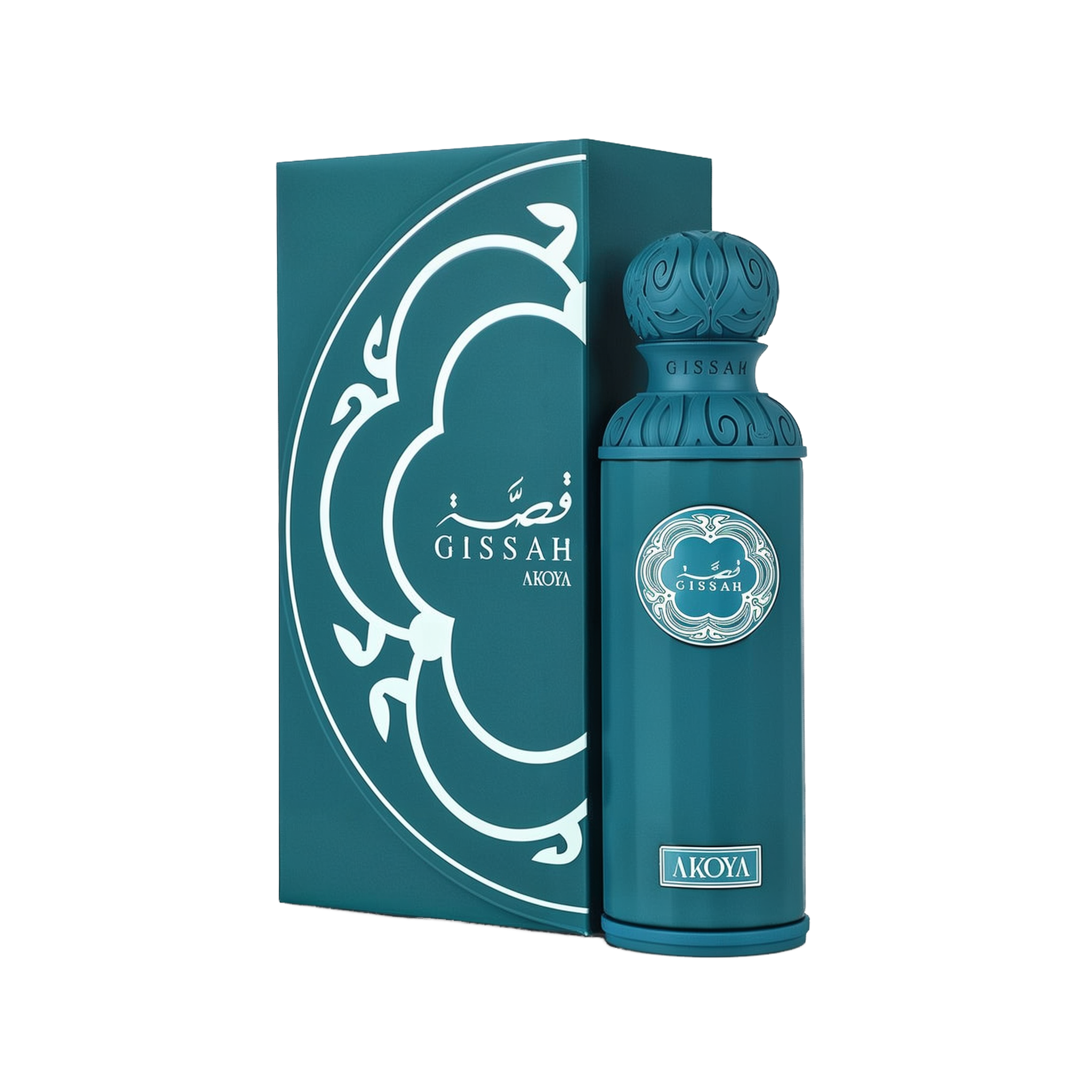 A product image showing the Gissah “Akoya” perfume: a tall, rectangular teal gift box decorated with a white, Arabic-inspired arabesque pattern and the brand name “Gissah” (in Arabic and English) with “Akoya” printed beneath, paired with a matching cylindrical teal perfume bottle featuring an intricately carved rounded cap.