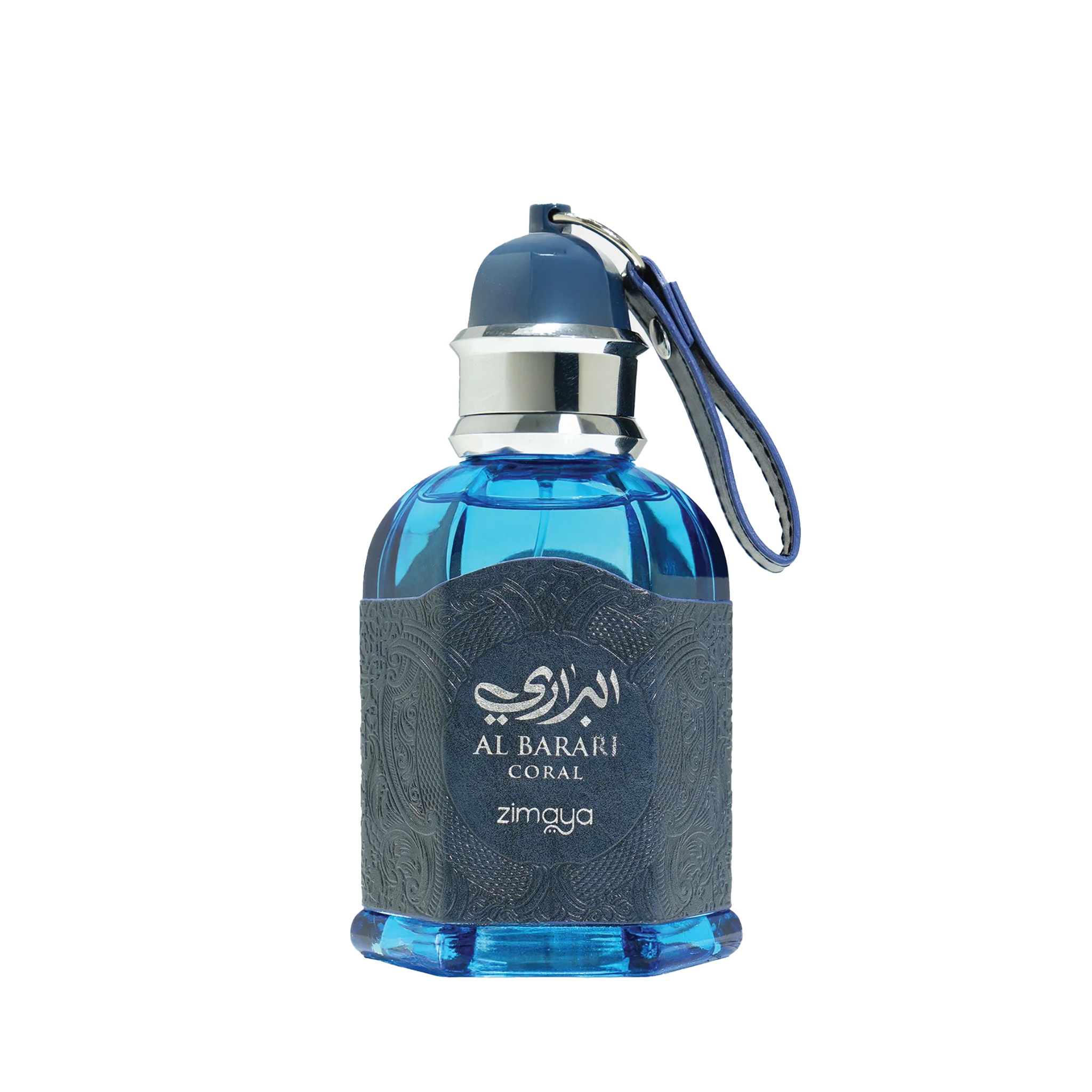 Blue perfume bottle with silver cap, leather-textured label, and Al Barari Coral Zimaya branding on front.