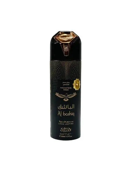 The image displays a tall, narrow perfume spray bottle with a black background and intricate gold detailing. The central label reads "Perfumed Spray" in English with "Al bashiq" beneath it in stylized script. Arabic calligraphy is also present, which likely mirrors the branding and product name. The label mentions "Long Lasting" and the brand "Nabeel". It appears to be a unisex fragrance, as indicated by the design elements.