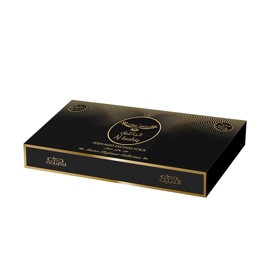 A closed box of Al Bashiq Nabeel Perfumes Bakhoor, weighing 50 grams. The packaging is elegant with a black and gold color scheme featuring intricate golden patterns and Arabic calligraphy. The brand logo "Nabeel" is displayed in both Arabic and Latin script. The product is described as "PERFUMED INCENSE STICK" and includes additional Arabic script on the front. The design conveys a sense of luxury and traditional Arabic style.