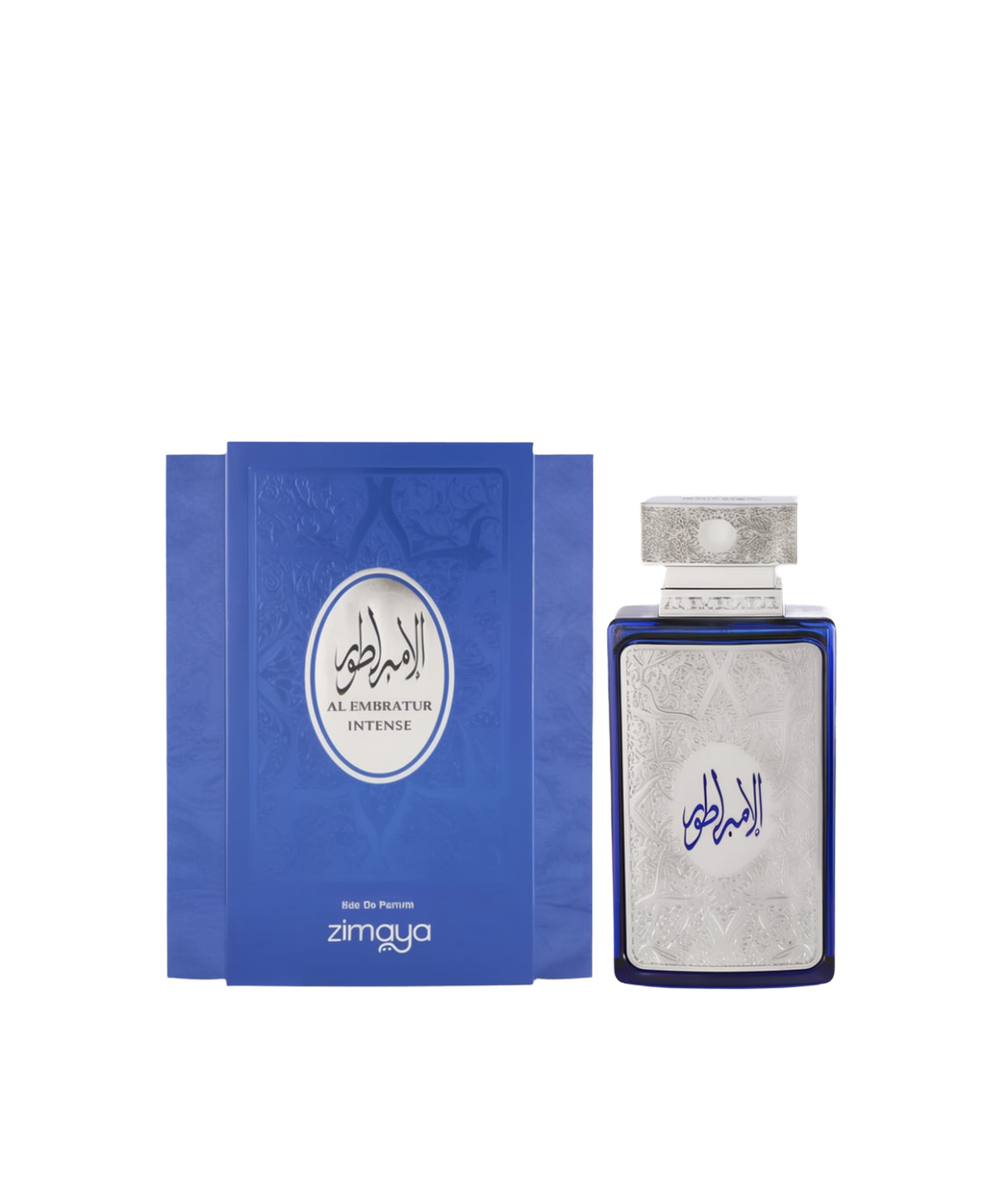 A bottle and packaging of Al Embratur Intense Eau De Parfum by Zimaya. The perfume bottle is deep blue with an ornate silver front panel and matching silver cap, both featuring intricate embossed patterns. The name "Al Embratur Intense" is displayed in elegant Arabic and English script. The box echoes the bottle’s design with a similar blue and silver color scheme and embossed detailing, emphasizing a luxurious and regal aesthetic.