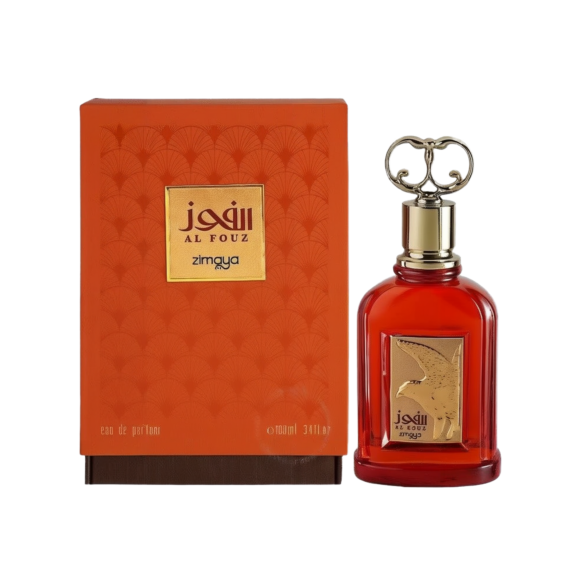 The image displays a perfume set including a bottle and its box. The box has a textured orange surface with a repeating pattern of small, stylized flowers and houses a golden nameplate at the center with Arabic script "?????" (Al Fouz), followed by "zimaya" in a smaller font. Below the nameplate is the label "eau de parfum" and the volume "e 100ml 3.4fl.oz." The perfume bottle is a vibrant red with a clear glass design, revealing the liquid inside.