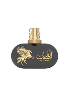 An image of Le Falcone Niche Collection’s “Al Fursan High Fly” perfume bottle against a white background: a horizontal, oval-shaped matte-black glass vessel filled with golden liquid, adorned on its left side with a raised gold-tone Pegasus figure. On the right, elegant Arabic calligraphy sits above the words “Al Fursan” in matching gold lettering.