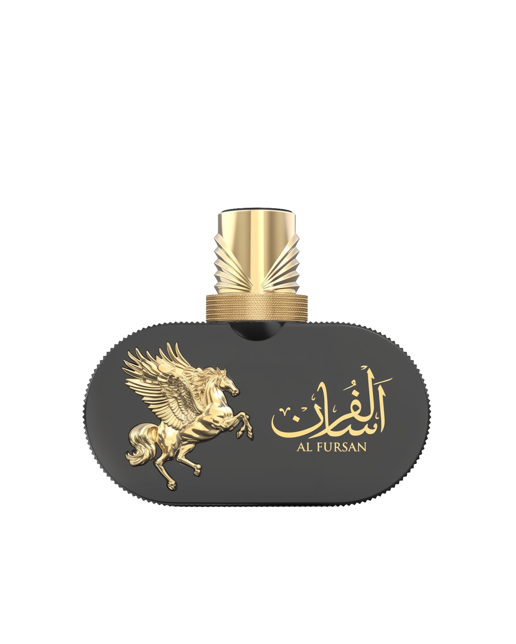 An image of Le Falcone Niche Collection’s “Al Fursan High Fly” perfume bottle against a white background: a horizontal, oval-shaped matte-black glass vessel filled with golden liquid, adorned on its left side with a raised gold-tone Pegasus figure. On the right, elegant Arabic calligraphy sits above the words “Al Fursan” in matching gold lettering.