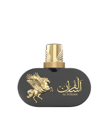 An image of Le Falcone Niche Collection’s “Al Fursan High Fly” perfume bottle against a white background: a horizontal, oval-shaped matte-black glass vessel filled with golden liquid, adorned on its left side with a raised gold-tone Pegasus figure. On the right, elegant Arabic calligraphy sits above the words “Al Fursan” in matching gold lettering.