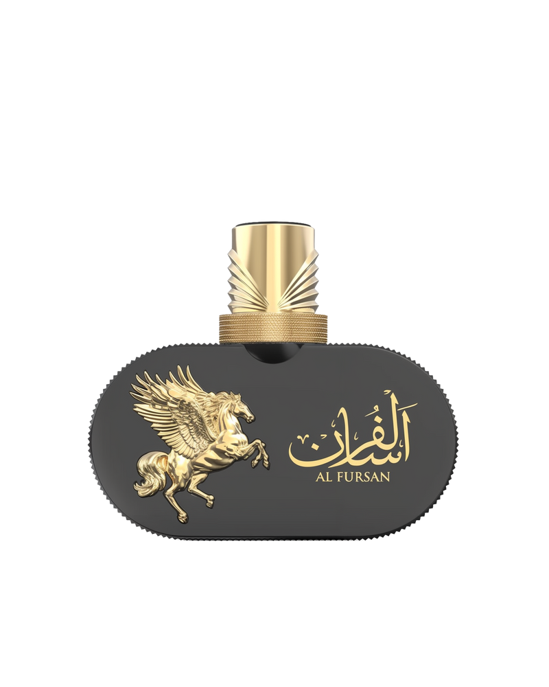 An image of Le Falcone Niche Collection’s “Al Fursan High Fly” perfume bottle against a white background: a horizontal, oval-shaped matte-black glass vessel filled with golden liquid, adorned on its left side with a raised gold-tone Pegasus figure. On the right, elegant Arabic calligraphy sits above the words “Al Fursan” in matching gold lettering.
