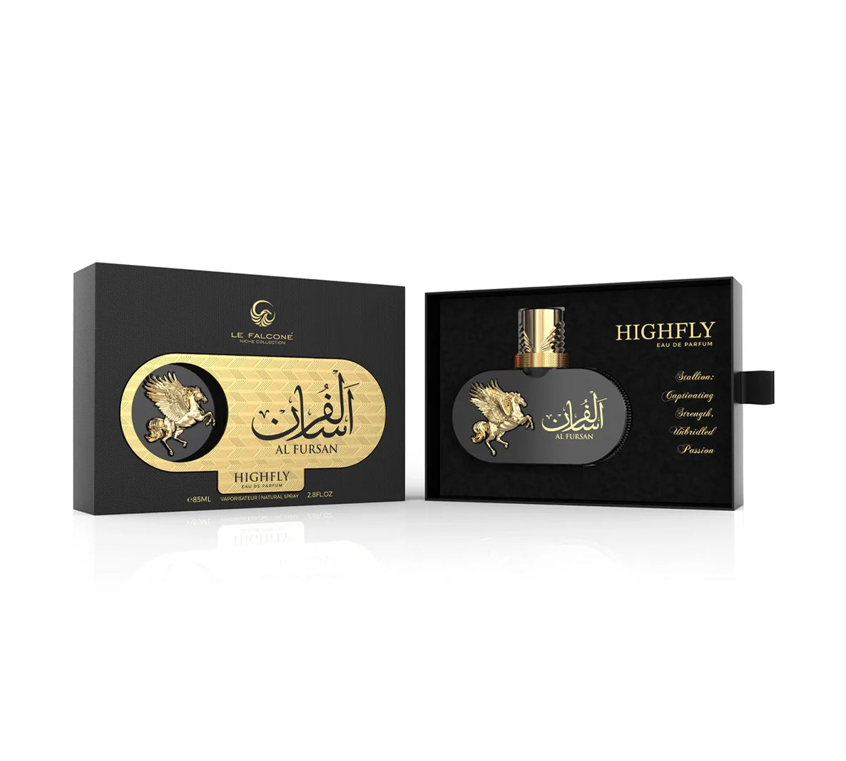 A product shot of Le Falcone Niche Collection’s “Al Fursan Highfly” perfume against a white background: on the left, a closed matte-black rectangular gift box with a gold-foil oval panel displaying Arabic calligraphy, the words “Al Fursan Highfly,” the Le Falcone logo, and a raised gold Pegasus emblem; on the right, the box is opened like a drawer to reveal a horizontal oval black glass bottle filled with golden liquid, topped by a tall faceted gold-tone cap.