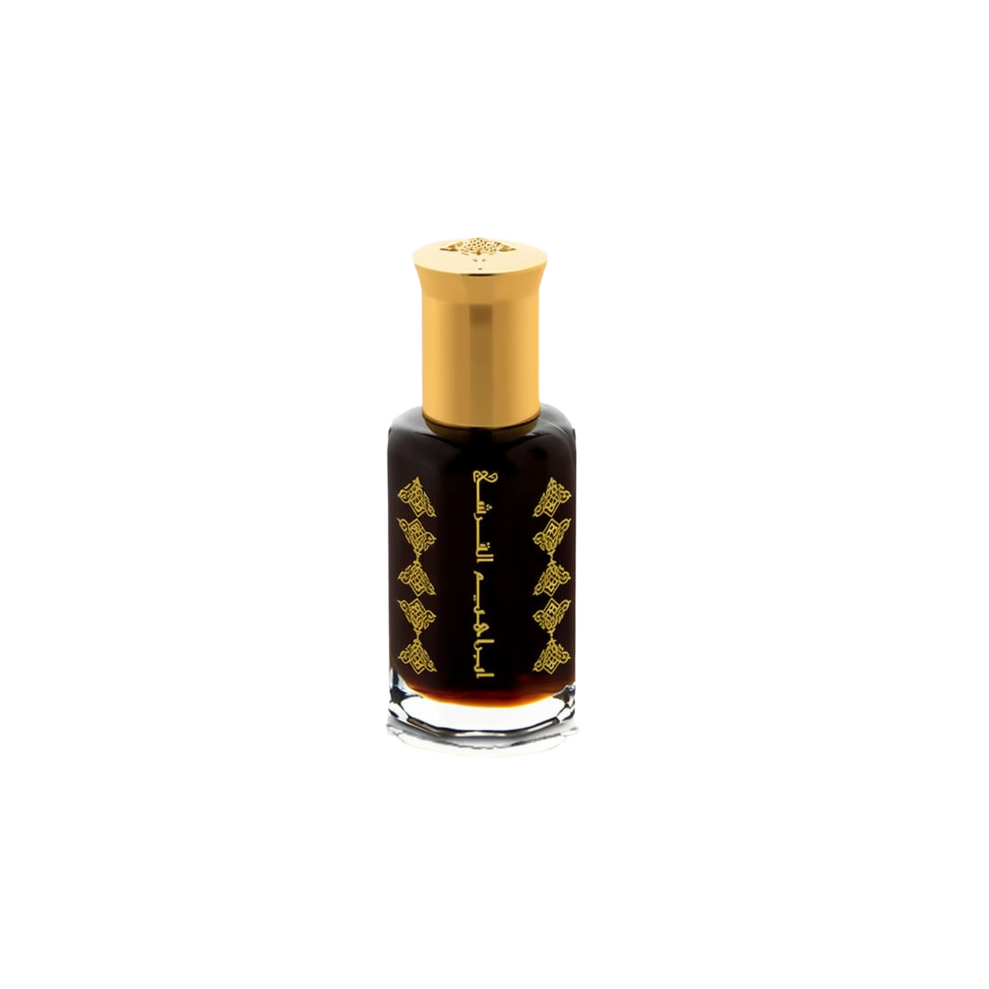A cylindrical dark glass perfume bottle adorned with vertical gold Arabic calligraphy motifs and topped with a shiny gold cap, set against a white background.