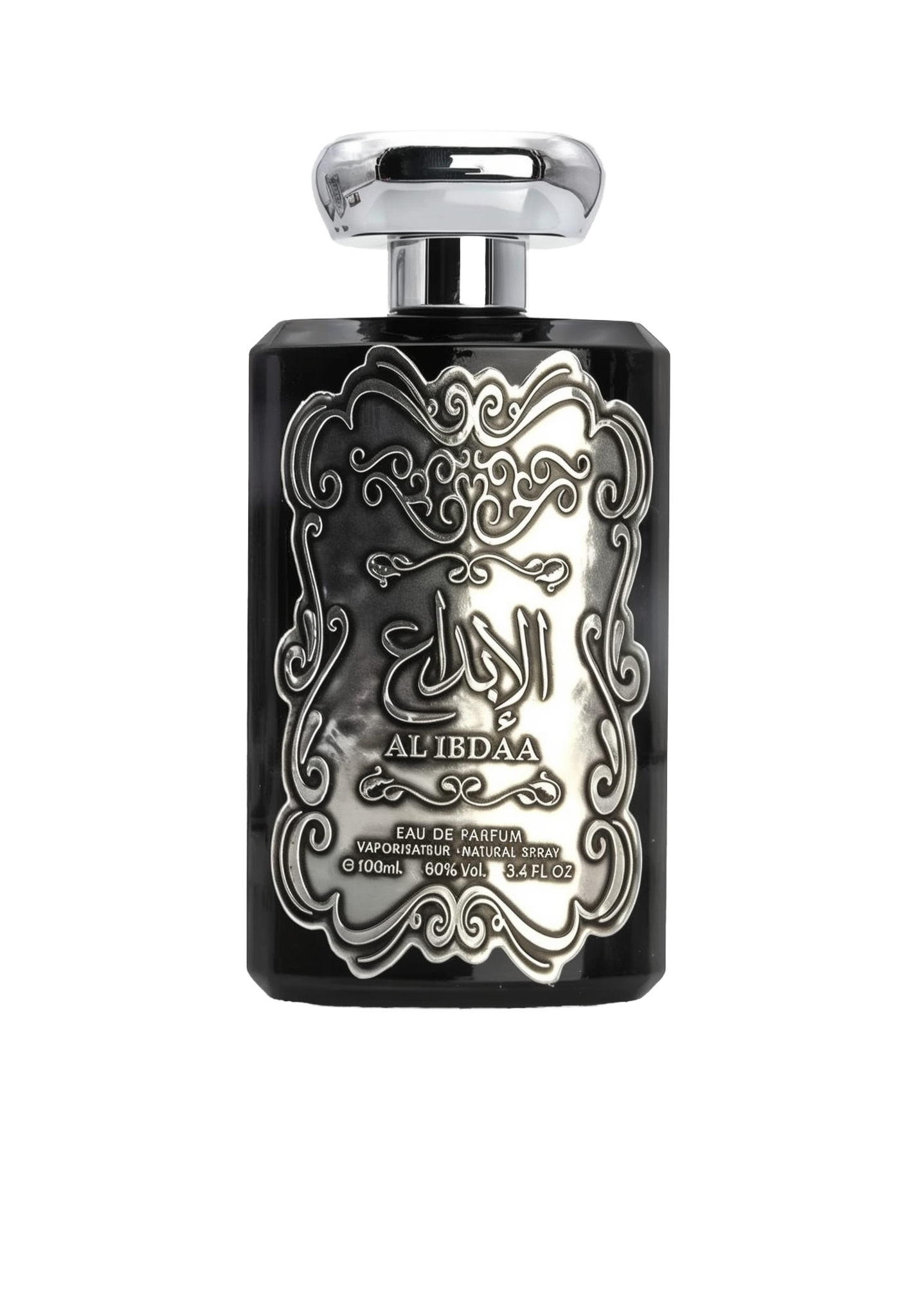 The image features a black perfume bottle with a detailed silver embossed design on the front. The central design includes Arabic calligraphy that reads 'AL IBDAA', likely the name of the fragrance. Below the calligraphy, in smaller English text, it states 'EAU DE PARFUM', 'VAPORISATEUR NATURAL SPRAY', '100ml', '80% VOL', and '3.4 FL.OZ', which describe the product type, dispensing method, volume, alcohol content, and fluid ounces, respectively. 
