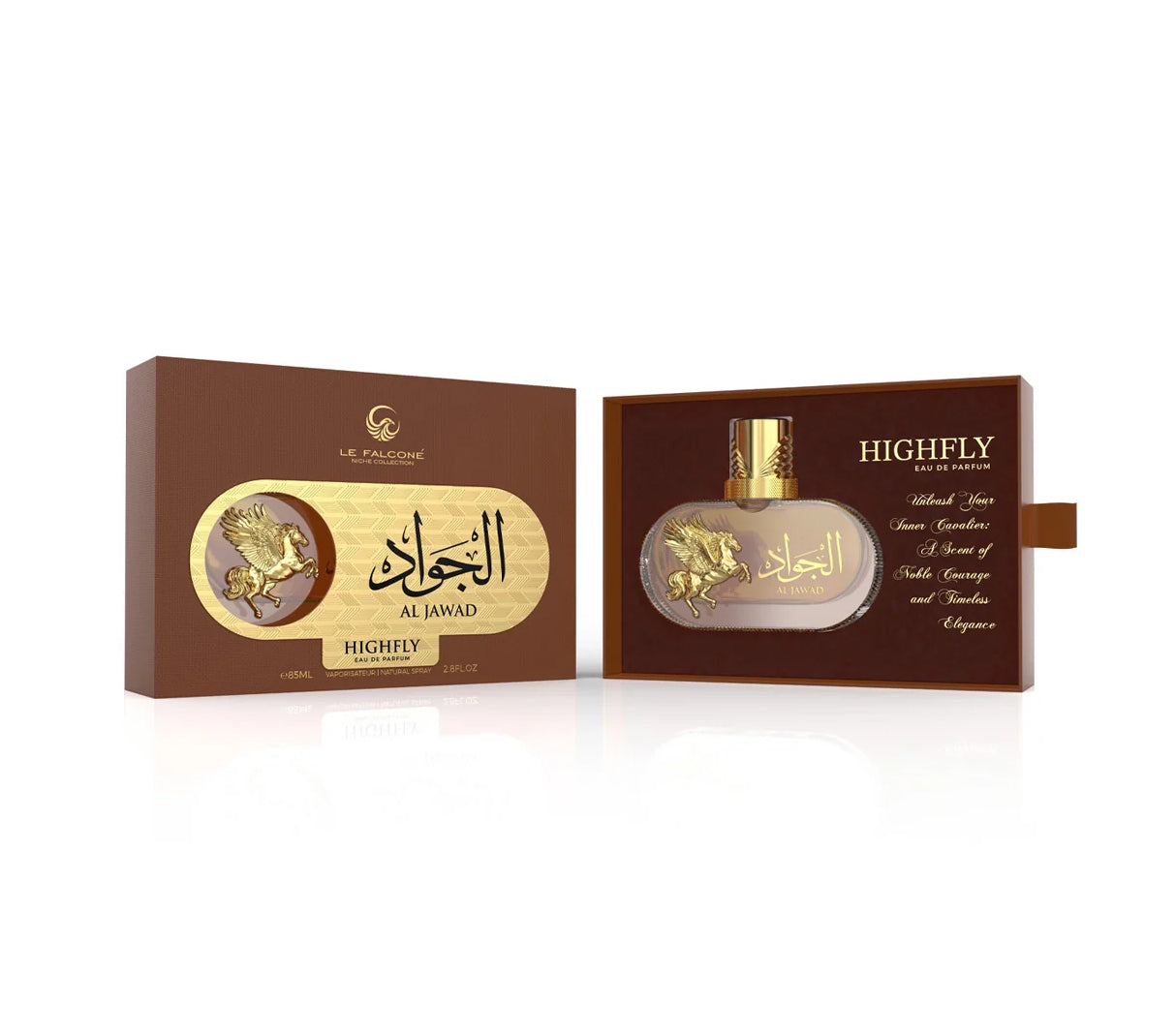 Le Falcone Niche Collection’s “Al Jawad High Fly” perfume against a white background: on the left, a matte-brown rectangular gift box with a gold-foil oval panel featuring Arabic calligraphy, the words “Al Jawad Highfly,” and a raised gold Pegasus motif; on the right, the box opens like a drawer to reveal a horizontal oval clear glass bottle filled with golden liquid, topped by a tall faceted gold cap.