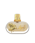 Le Falcone Niche Collection’s “Al Jawad High Fly” perfume against a white background: a horizontal oval transparent glass bottle filled with golden liquid, featuring a raised gold-tone Pegasus figure on its left side and Arabic calligraphy above the words “Al Jawad” in gold lettering on the right. The bottle sits topped by a tall, faceted gold-tone cap with textured ridges.