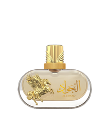 Le Falcone Niche Collection’s “Al Jawad High Fly” perfume against a white background: a horizontal oval transparent glass bottle filled with golden liquid, featuring a raised gold-tone Pegasus figure on its left side and Arabic calligraphy above the words “Al Jawad” in gold lettering on the right. The bottle sits topped by a tall, faceted gold-tone cap with textured ridges.