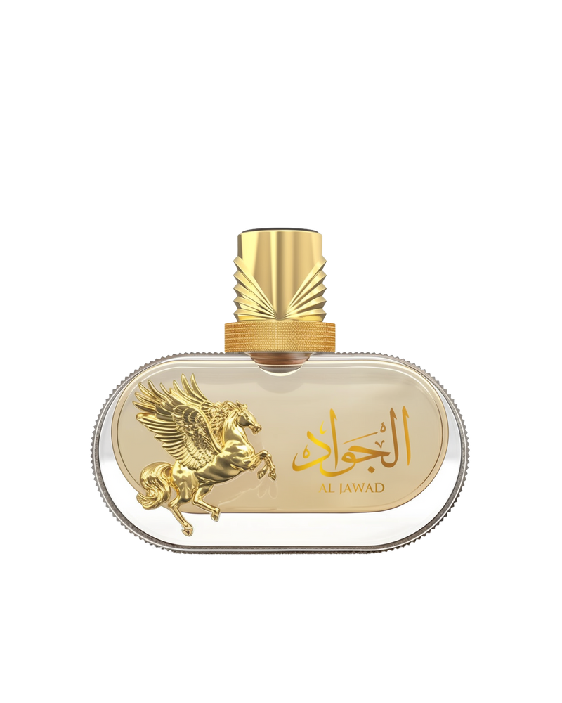 Le Falcone Niche Collection’s “Al Jawad High Fly” perfume against a white background: a horizontal oval transparent glass bottle filled with golden liquid, featuring a raised gold-tone Pegasus figure on its left side and Arabic calligraphy above the words “Al Jawad” in gold lettering on the right. The bottle sits topped by a tall, faceted gold-tone cap with textured ridges.