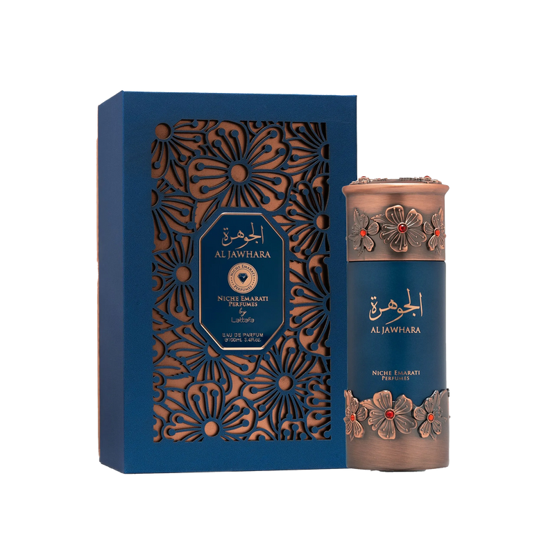 Al Jawhara Lattafa by Niche Emarati Perfumes, in a blue and copper box with a matching bottle, embossed patterns and red gemstones.