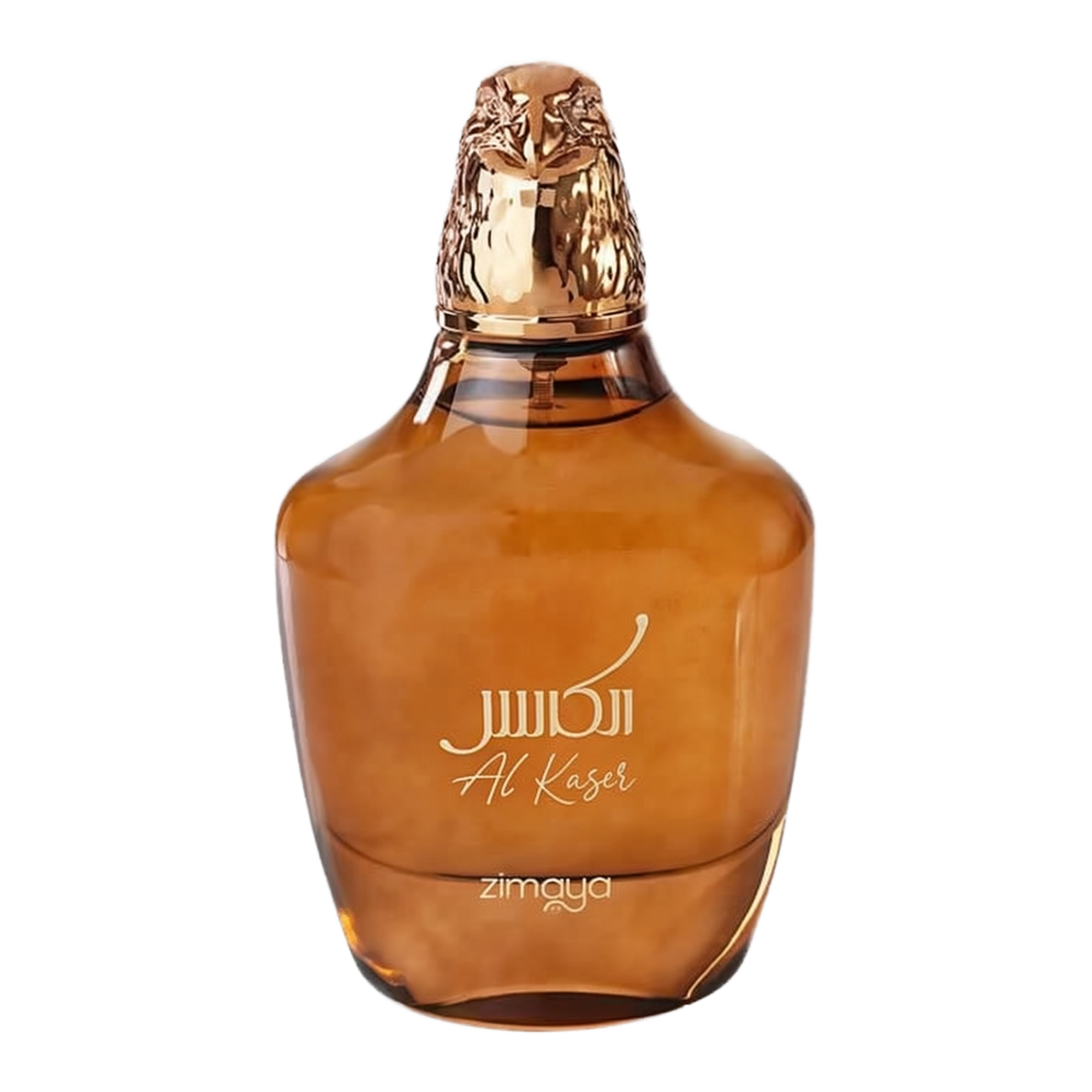  The image displays a perfume bottle of "Al Kaser" by Zimaya. The bottle has a broad, rounded base and tapers slightly toward the top. It is made of a translucent brown glass that gives it a warm, amber appearance. The cap is a detailed golden sculpture of a falcon's head, symbolizing luxury and possibly the fragrance's inspiration. The name "Al Kaser" is elegantly inscribed on the bottle in white cursive script.