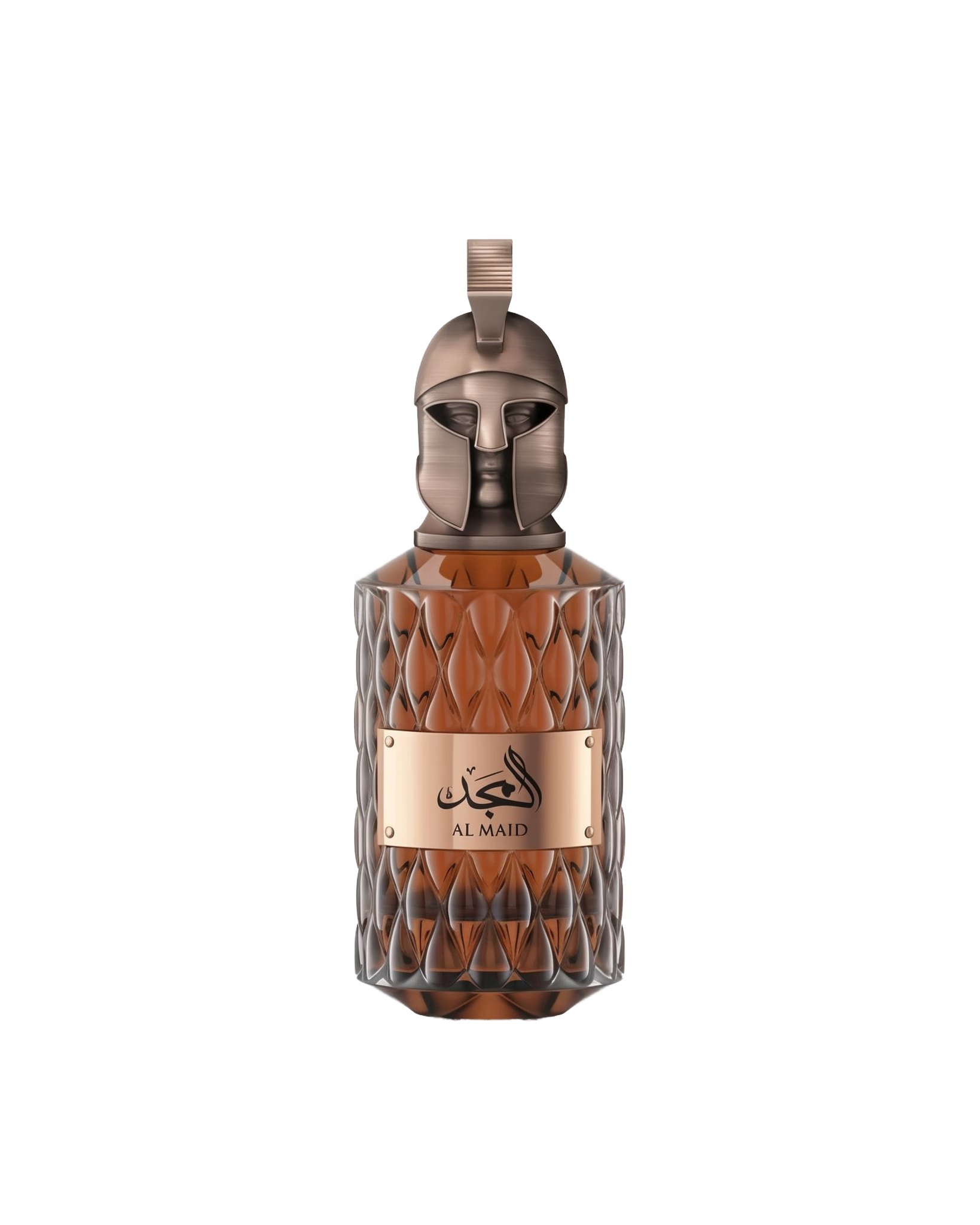 A product shot of Le Falcone Niche Collection’s “Al Majd” perfume bottle against a white background: a tall, amber-colored glass vessel with a diamond-cut texture and a polished bronze plaque displaying Arabic calligraphy above the words “Al Majd.” It’s crowned by an ornate bronze cap sculpted into a stylized warrior’s helmet with a crest-style loop at the top, conveying a sense of luxury and strength.