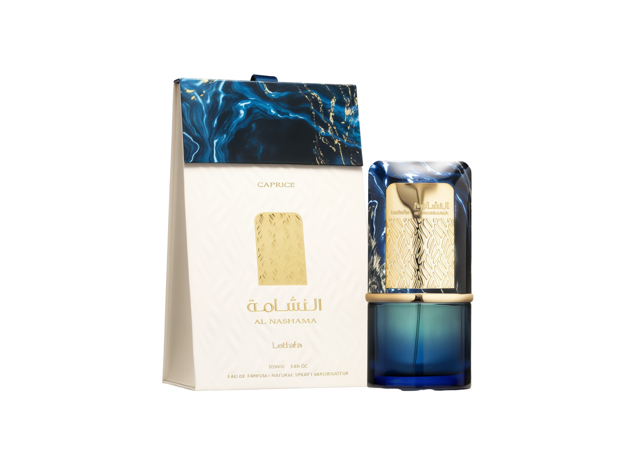 A deep-blue glass perfume bottle with a decorative gold band and a marbled blue-and-gold rectangular cap stands beside a matching white box. The box features a raised pattern, gold accents, and navy-blue marbling at the top, with the product name “Al Nashama” and “Lattafa” printed in gold.