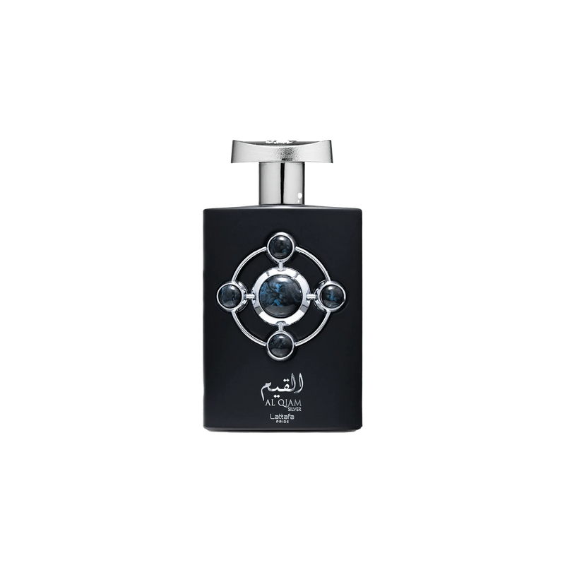 Lattafa Al Qiam Silver perfume bottle in black with silver cap and circular gemstone design.