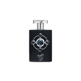 Lattafa Al Qiam Silver perfume bottle in black with silver cap and circular gemstone design.