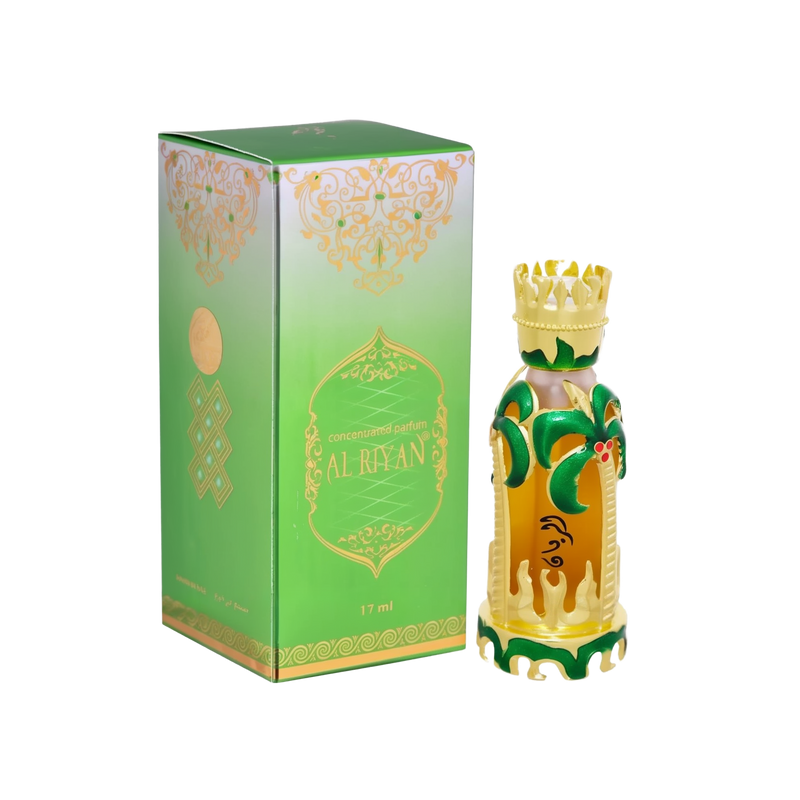 The image shows a boxed perfume product. The box is predominantly green with golden decorative patterns and Arabic text. The front of the box reads "Concentrated Parfum Al Riyan" and mentions the volume of 17 ml. The bottle itself is ornate, featuring a golden crown-like cap and intricate green and gold palm tree decorations. The perfume inside the bottle appears to be amber-colored.