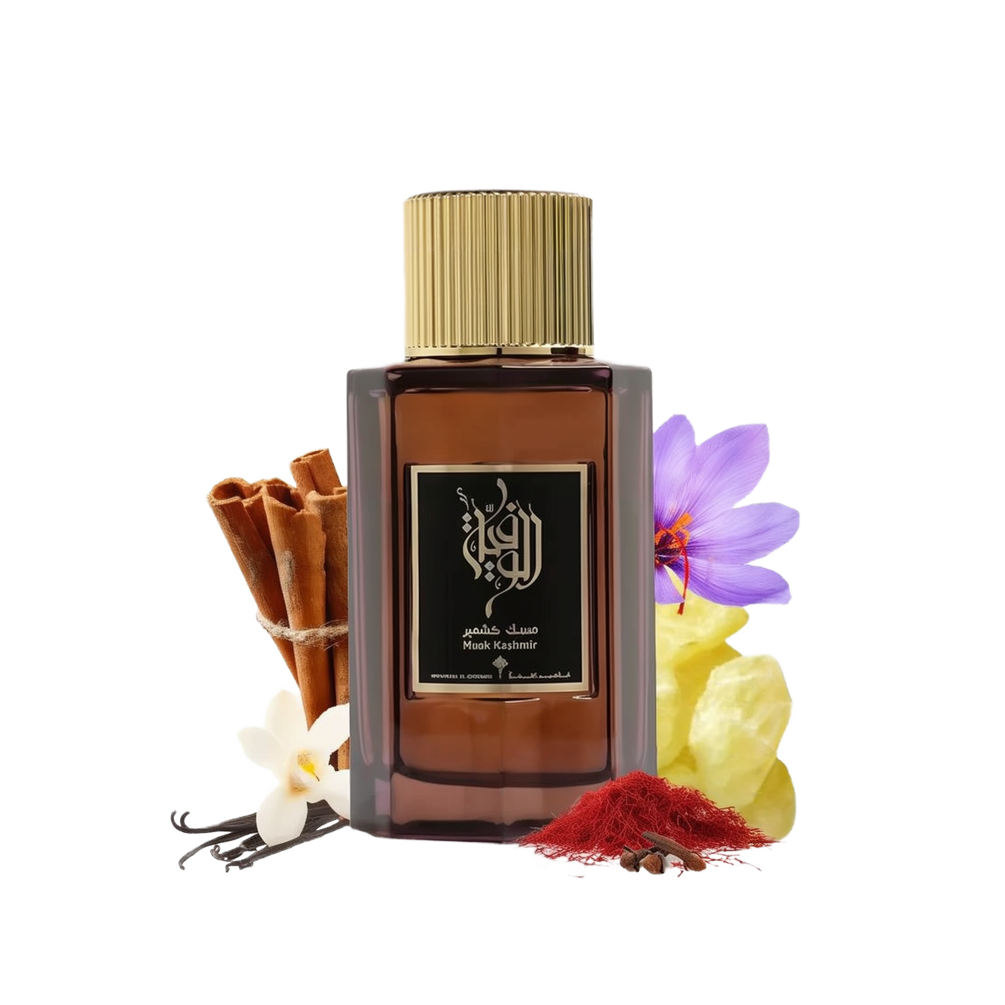 The image features a dark amber glass perfume bottle with a gold cap, labeled "Musk Kashmir" in both Arabic calligraphy and English text, indicating it's from the brand Ibraheem Al Qurashi. The bottle is presented against a white background, flanked by cinnamon sticks to the left, a purple flower (possibly a saffron crocus), vanilla beans, and a white flower (likely an orchid) in front, with some yellow crystalline substance (perhaps amber) and red saffron threads to the right.