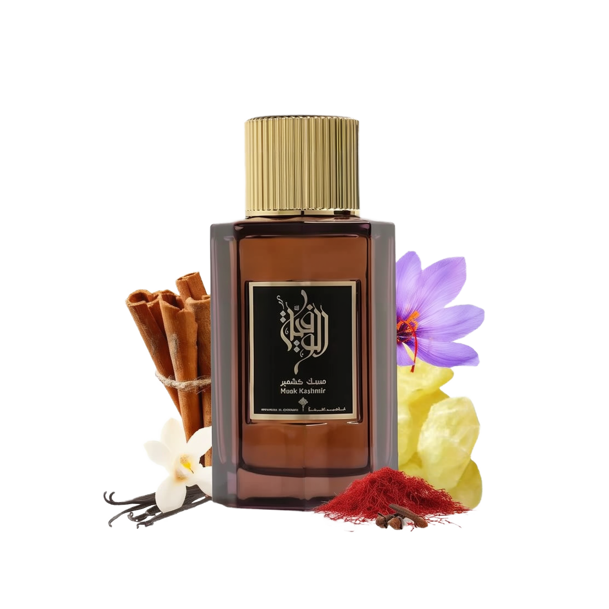 The image features a dark amber glass perfume bottle with a gold cap, labeled "Musk Kashmir" in both Arabic calligraphy and English text, indicating it's from the brand Ibraheem Al Qurashi. The bottle is presented against a white background, flanked by cinnamon sticks to the left, a purple flower (possibly a saffron crocus), vanilla beans, and a white flower (likely an orchid) in front, with some yellow crystalline substance (perhaps amber) and red saffron threads to the right.