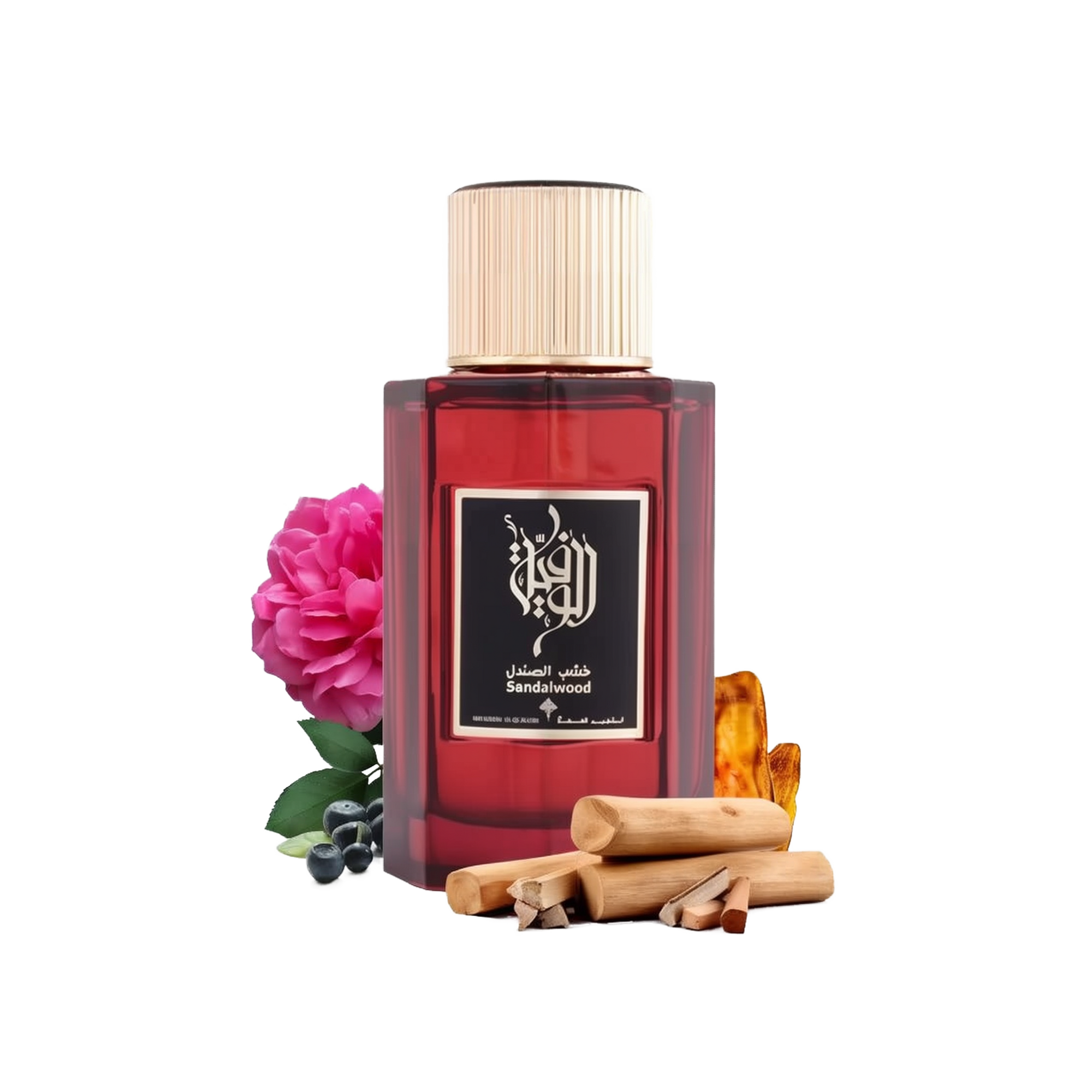 The image depicts a dark red glass perfume bottle with a gold cap, labeled with Arabic calligraphy and English text "Sandalwood" indicating the fragrance. It's from the brand Ibraheem Al Qurashi. The bottle is surrounded by a dark pink rose, some blueberries to the left, and sandalwood sticks in the foreground, suggesting the notes of the fragrance.