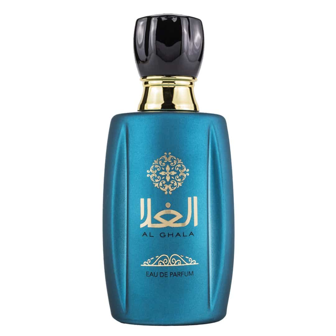 The image displays a bottle of "AL GHALA" eau de parfum by Lattafa. The bottle has a metallic teal color with a glossy finish and features intricate gold accents and Arabic calligraphy on the front. The cap is black with a smooth, polished appearance, complemented by a gold band just beneath it. Below the calligraphy, the words "EAU DE PARFUM" are printed in gold to match the ornate design above it. 
