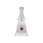 A pyramid-shaped perfume bottle with intricate silver detailing and purple accents, featuring a purple flower design on the front.