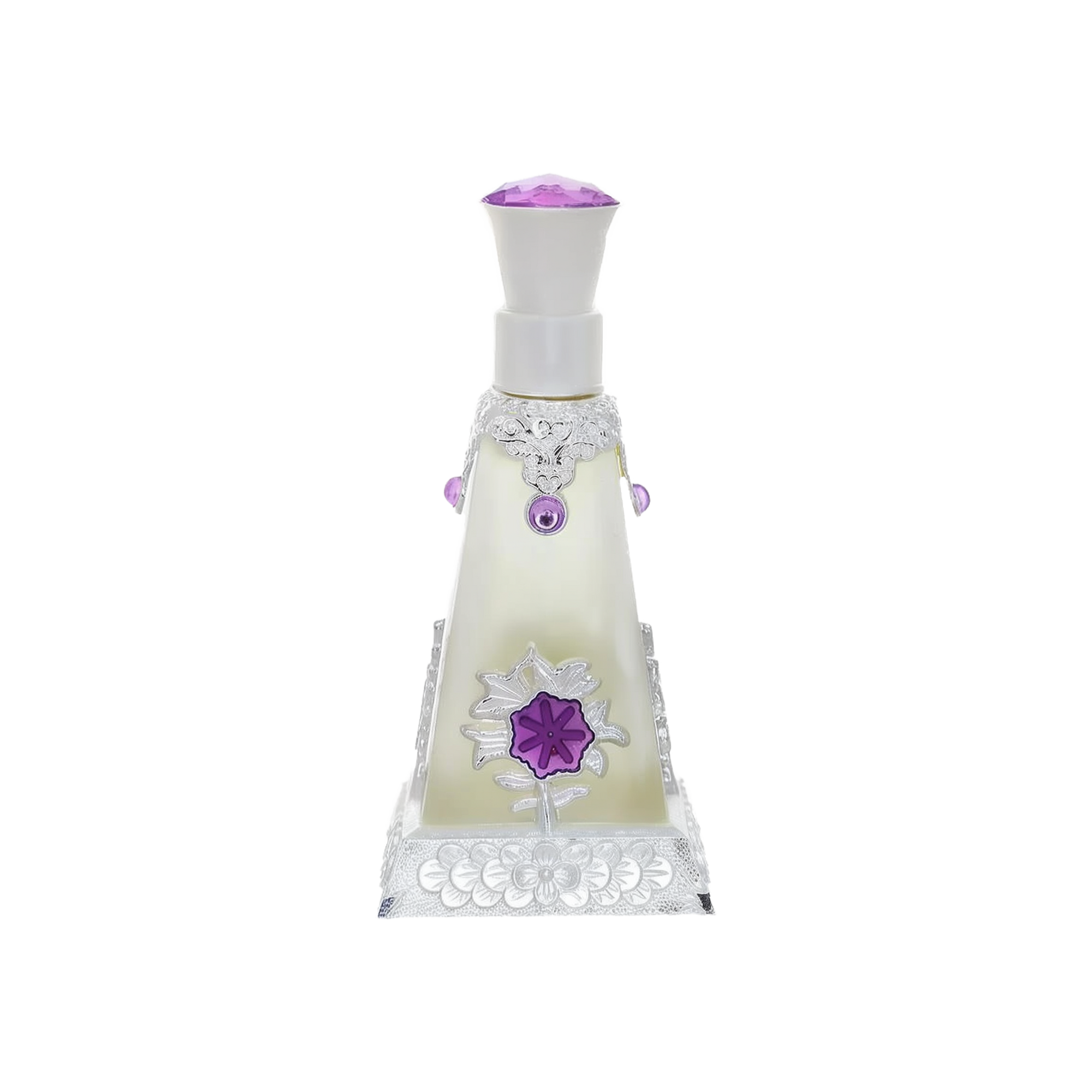 A pyramid-shaped perfume bottle with intricate silver detailing and purple accents, featuring a purple flower design on the front.