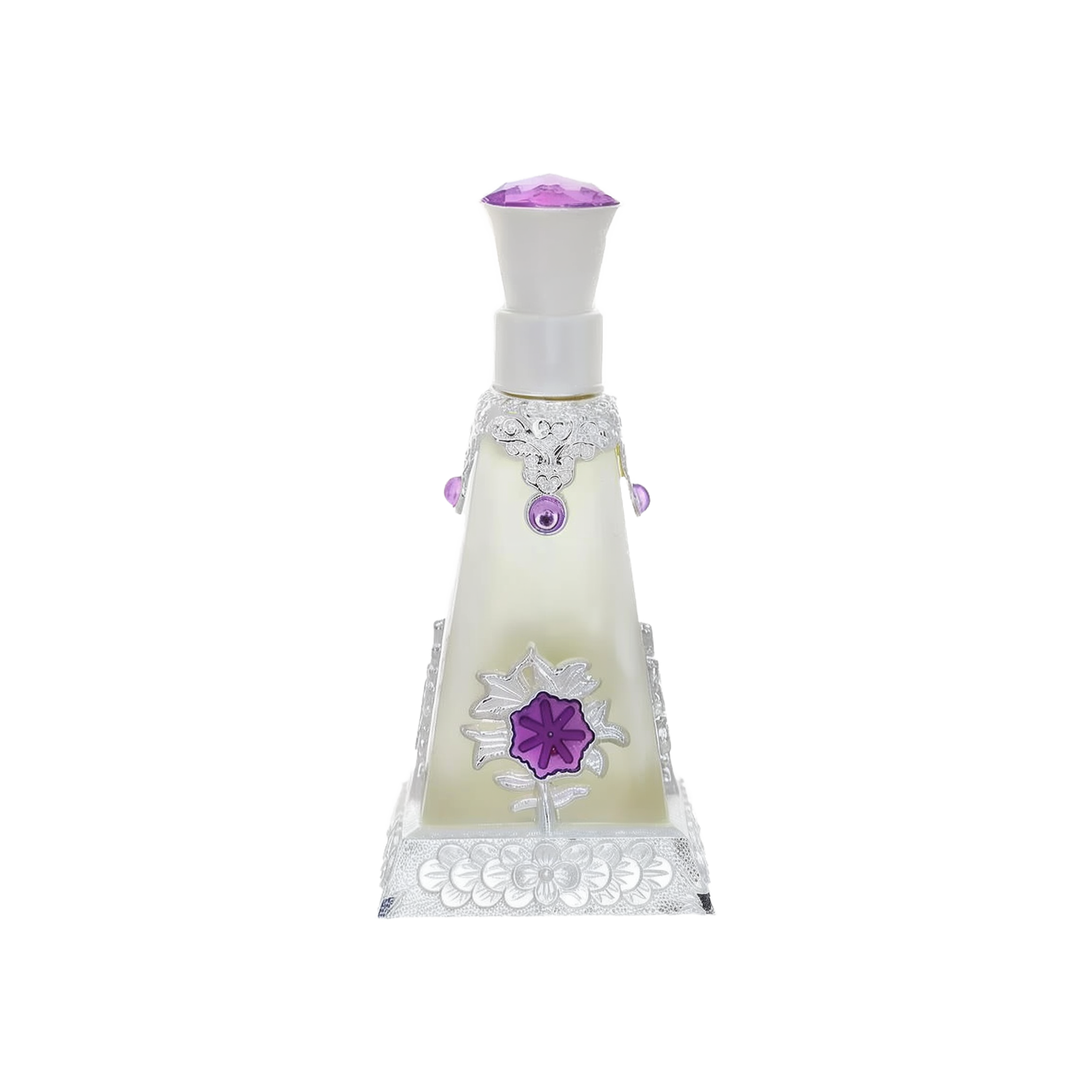 A pyramid-shaped perfume bottle with intricate silver detailing and purple accents, featuring a purple flower design on the front.