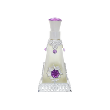 A pyramid-shaped perfume bottle with intricate silver detailing and purple accents, featuring a purple flower design on the front.