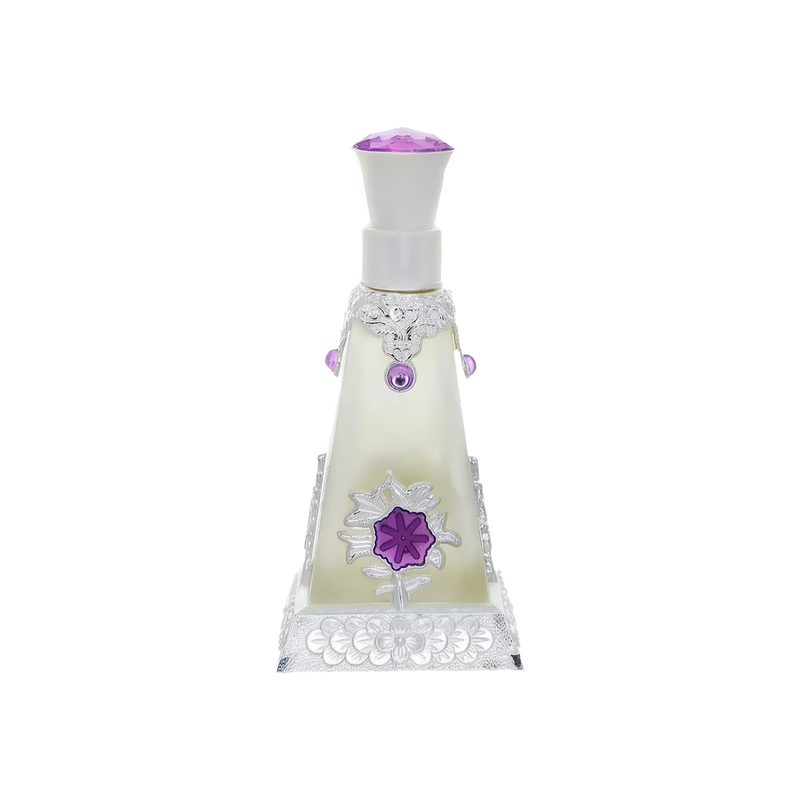A pyramid-shaped perfume bottle with intricate silver detailing and purple accents, featuring a purple flower design on the front.