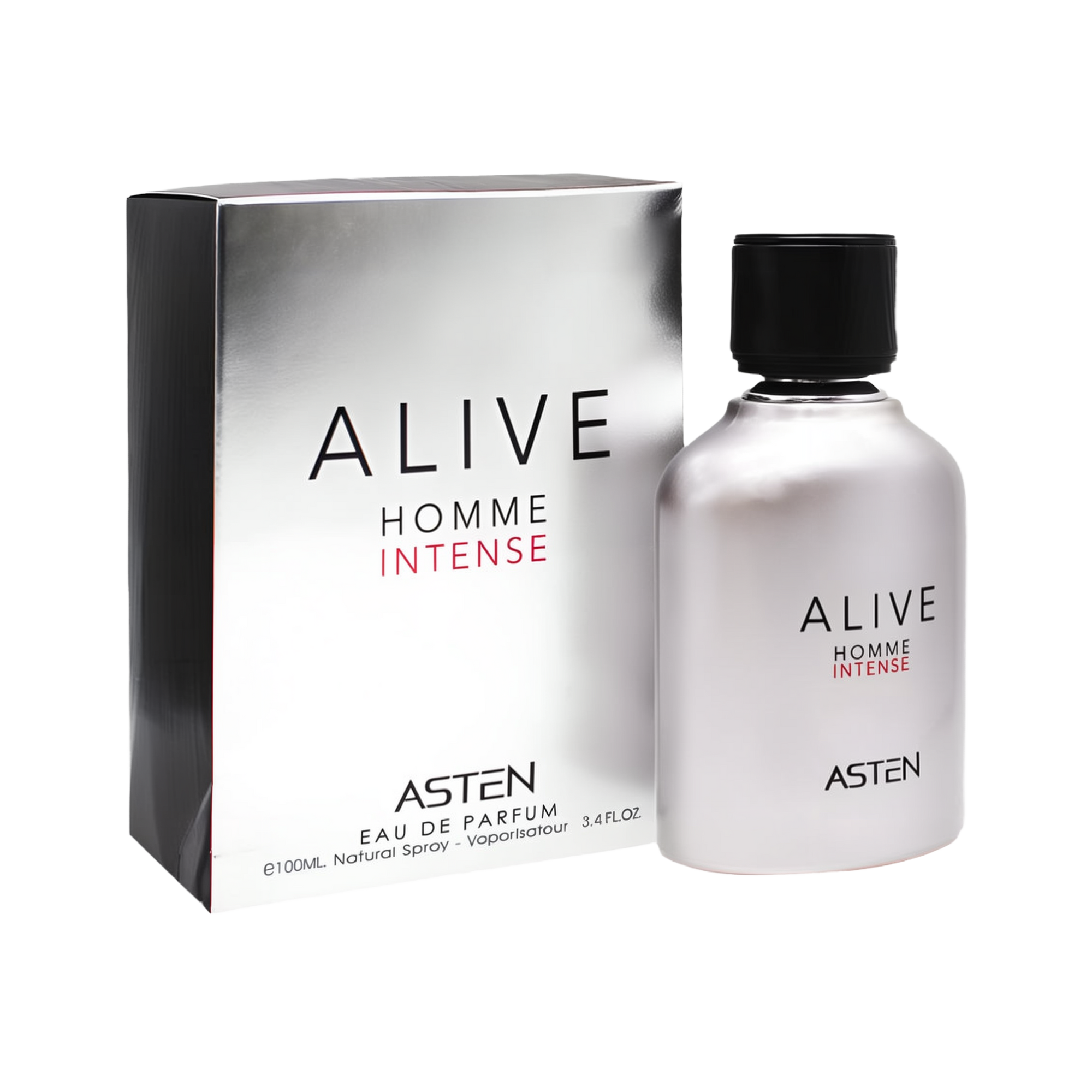 A sleek, metallic silver bottle of Alive Homme Intense Eau de Parfum by Asten with a black cap, shown next to its matching reflective silver box displaying the product name in black and red lettering.